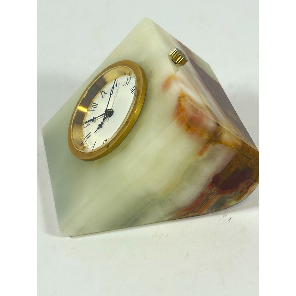 Vintage Hand Crafted Green Onyx Desk Clock Small Travel Size Swiss Movt (As-Is)